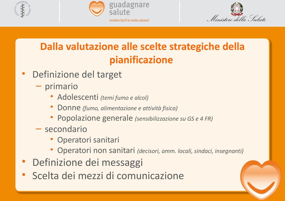 generale (sensibilizzazione su GS e 4 FR) secondario Operatori sanitari Operatori non sanitari