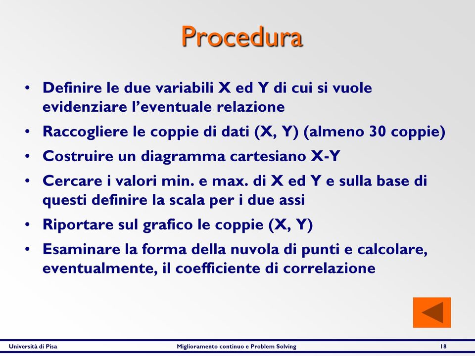 di X ed Y e sulla base di questi definire la scala per i due assi Riportare sul grafico le coppie (X, Y) Esaminare la