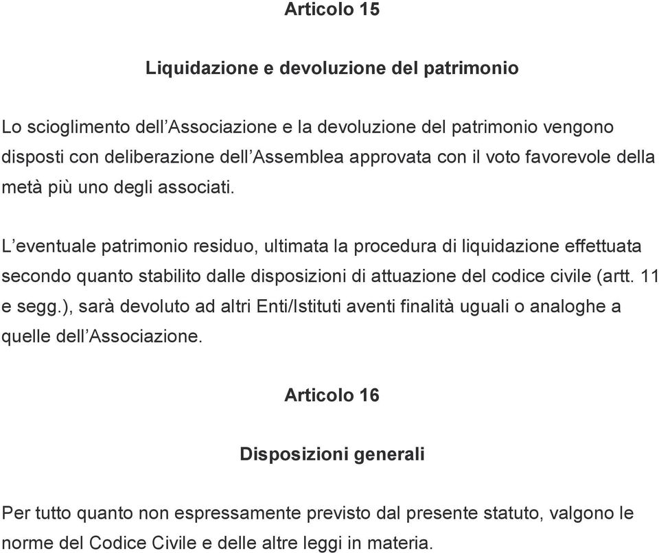 L eventuale patrimonio residuo, ultimata la procedura di liquidazione effettuata secondo quanto stabilito dalle disposizioni di attuazione del codice civile (artt.