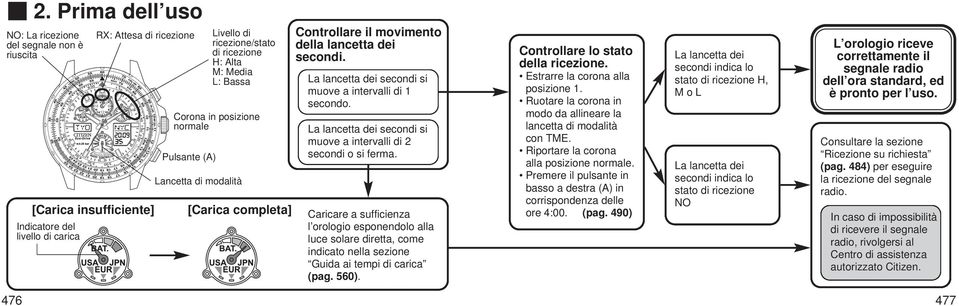 La lancetta dei secondi si muove a intervalli di 1 secondo. La lancetta dei secondi si muove a intervalli di 2 secondi o si ferma.