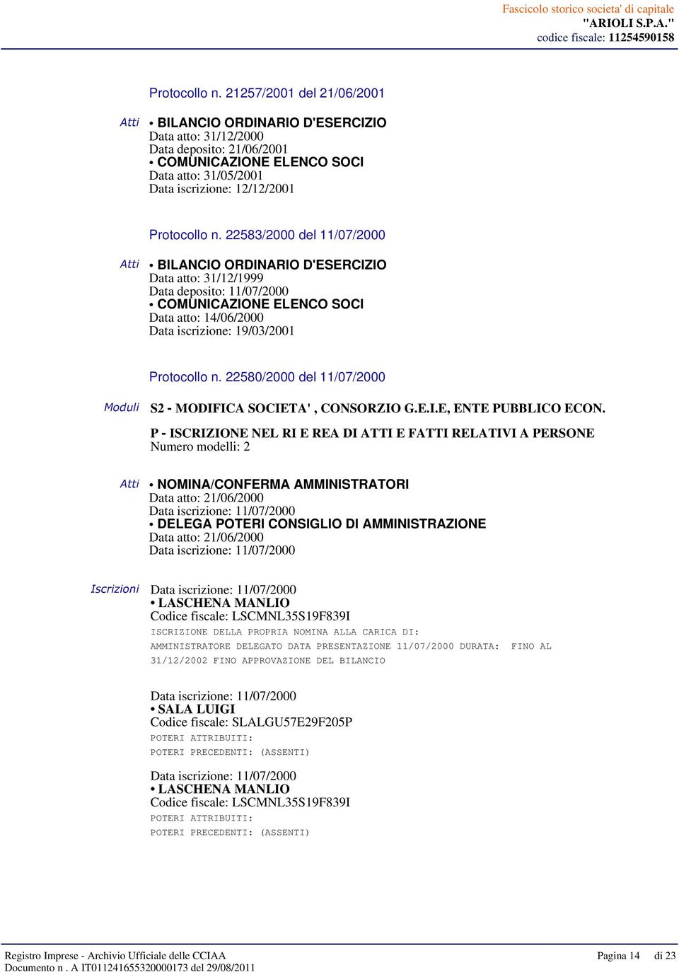 11/07/2000 BILANCIO ORDINARIO D'ESERCIZIO Data atto: 31/12/1999 Data deposito: 11/07/2000 COMUNICAZIONE ELENCO SOCI Data atto: 14/06/2000 Data iscrizione: 19/03/2001  22580/2000 del 11/07/2000 P -