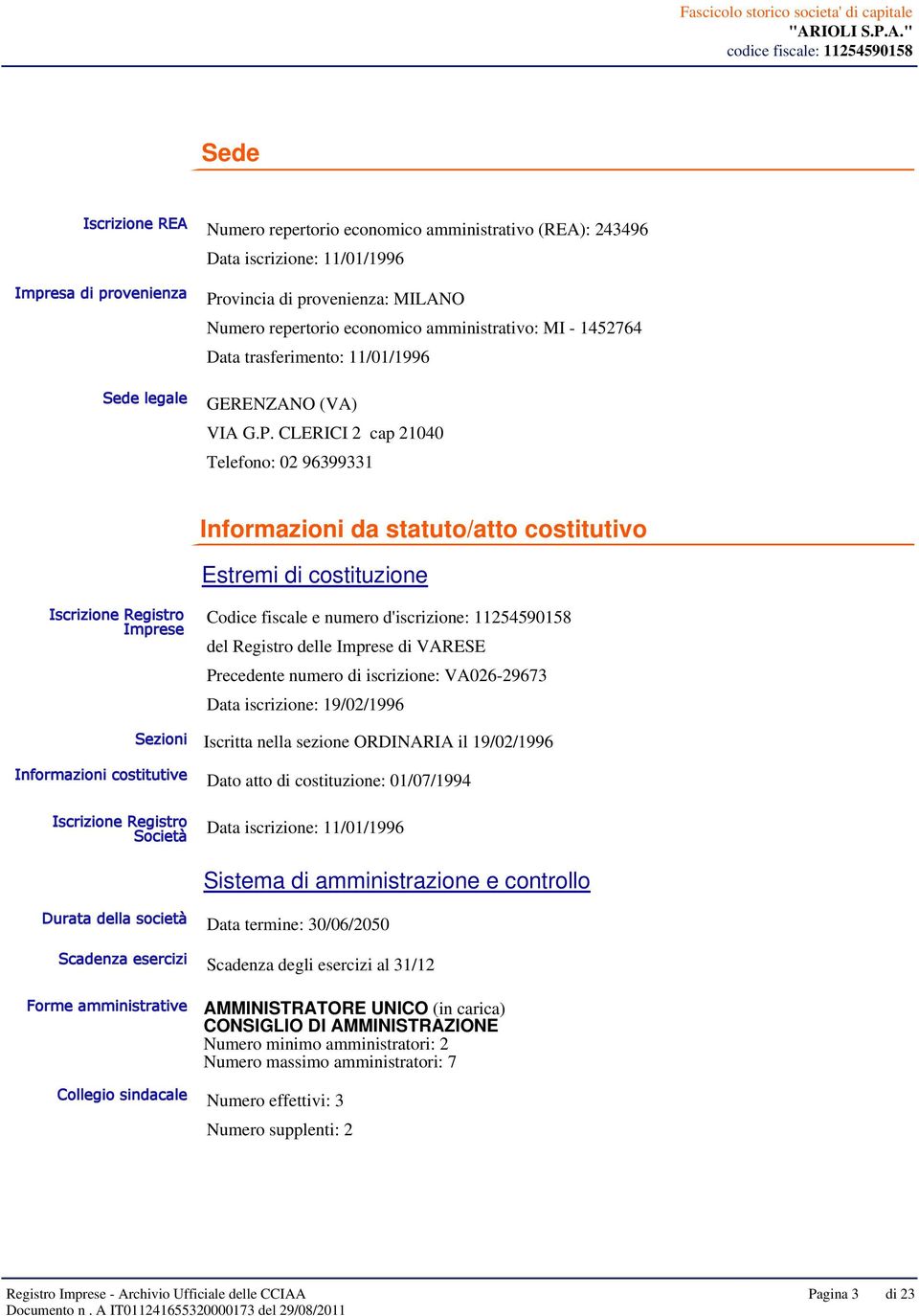 CLERICI 2 cap 21040 Telefono: 02 96399331 Informazioni da statuto/atto costitutivo Estremi di costituzione Iscrizione Registro Imprese Codice fiscale e numero d'iscrizione: 11254590158 del Registro