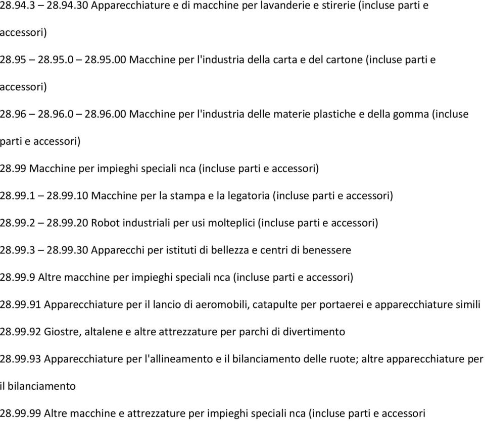 99.2 28.99.20 Robot industriali per usi molteplici (incluse parti e accessori) 28.99.3 28.99.30 Apparecchi per istituti di bellezza e centri di benessere 28.99.9 Altre macchine per impieghi speciali nca (incluse parti e accessori) 28.