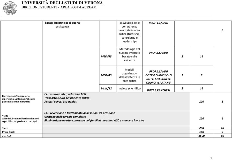 SAIANI Esercitazione/Laboratorio esperienziale/attività pratica su paziente/attività di reparto Modelli organizzativi dell assistenza in PROF.L.SAIANI DOTT.P.CHINCHIOLO DOTT. E.VERONESE COORD. A.