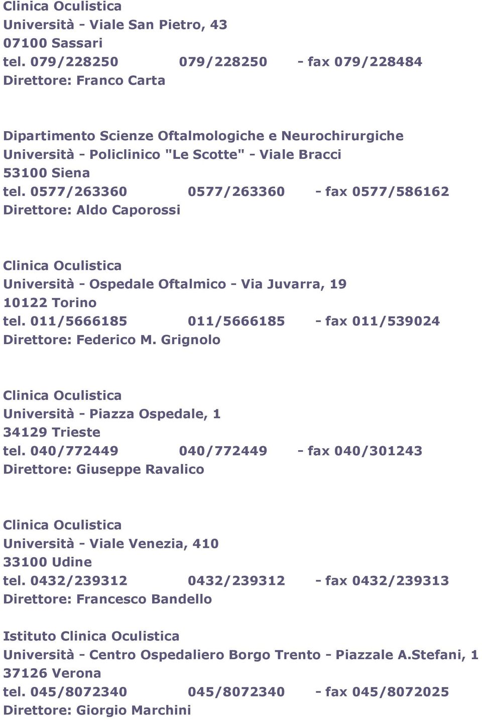 0577/263360 0577/263360 - fax 0577/586162 Direttore: Aldo Caporossi Università - Ospedale Oftalmico - Via Juvarra, 19 10122 Torino tel. 011/5666185 011/5666185 - fax 011/539024 Direttore: Federico M.
