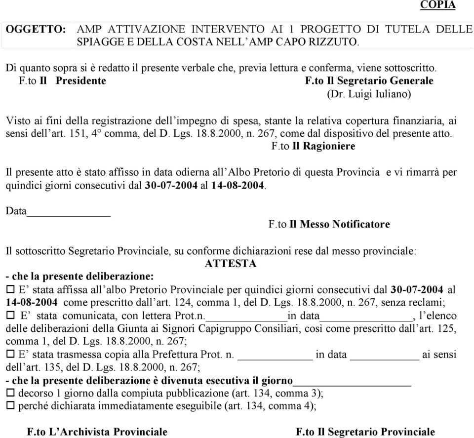 Luigi Iuliano) Visto ai fini della registrazione dell impegno di spesa, stante la relativa copertura finanziaria, ai sensi dell art. 151, 4 comma, del D. Lgs. 18.8.2000, n.