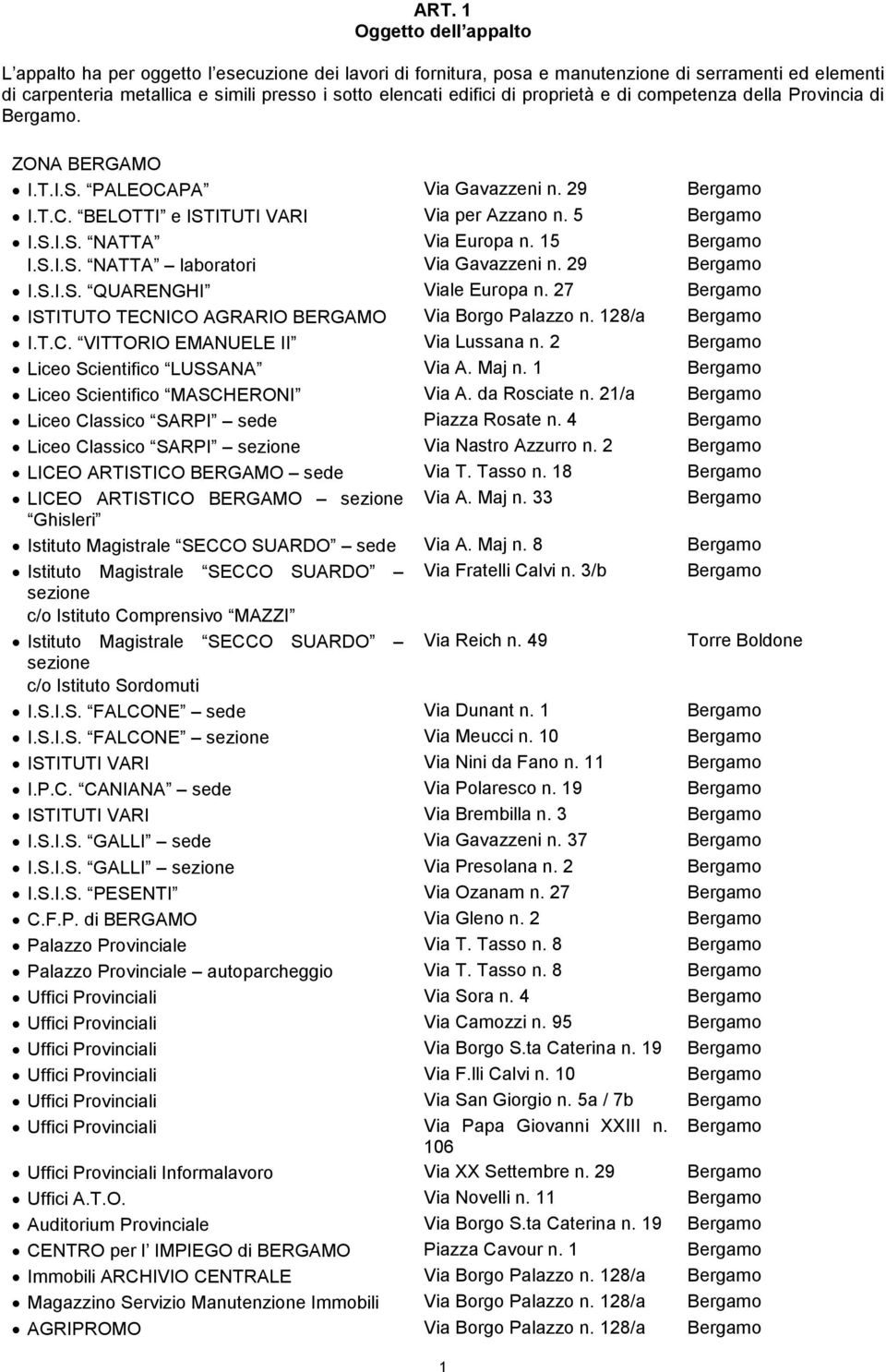 S.I.S. NATTA laboratori Via Europa n. 15 Via Gavazzeni n. 29 1 Bergamo Bergamo I.S.I.S. QUARENGHI Viale Europa n. 27 Bergamo ISTITUTO TECNICO AGRARIO BERGAMO Via Borgo Palazzo n. 128/a Bergamo I.T.C. VITTORIO EMANUELE II Via Lussana n.