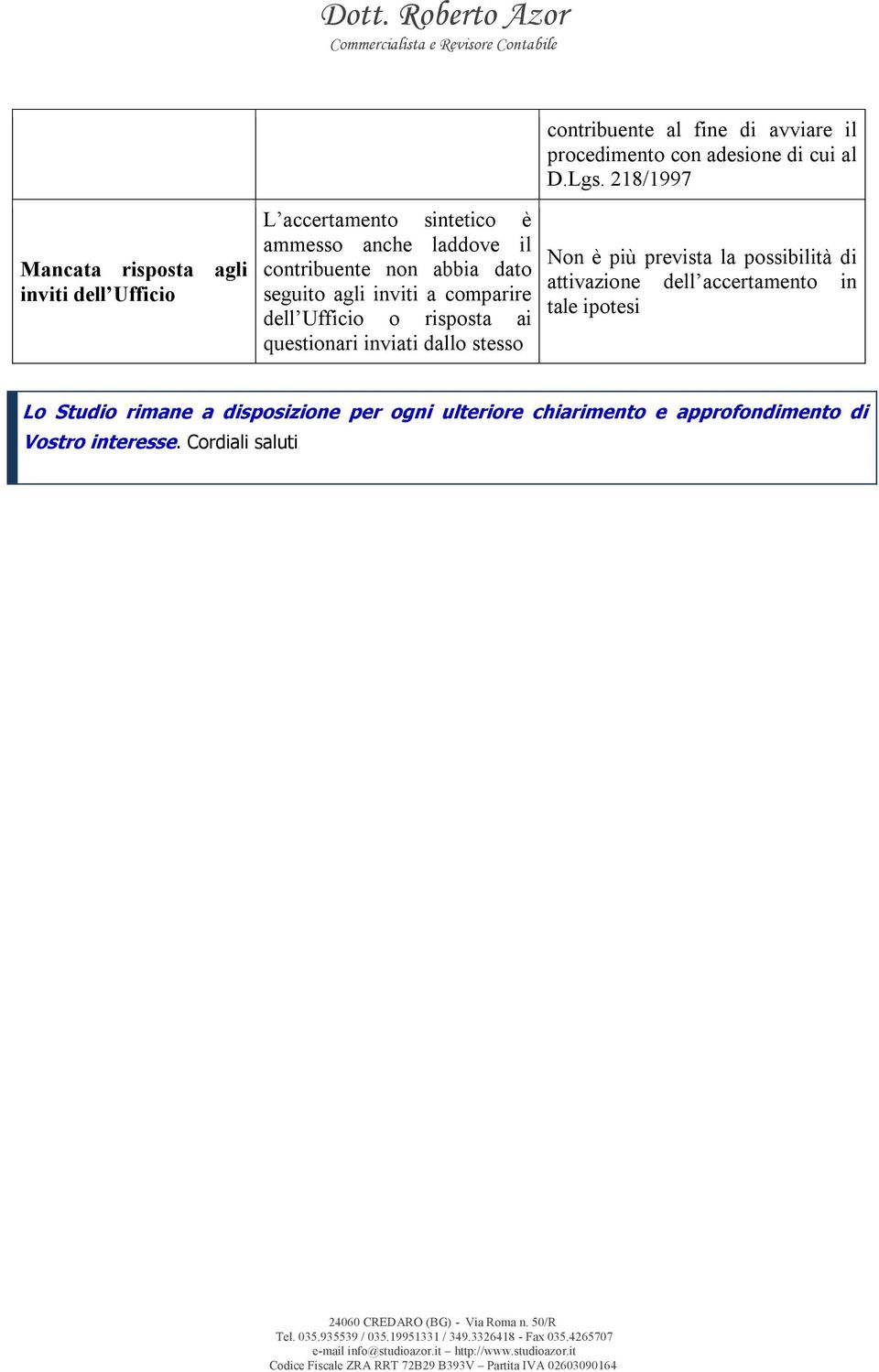 dato seguito agli inviti a comparire dell Ufficio o risposta ai questionari inviati dallo stesso Non è più prevista la