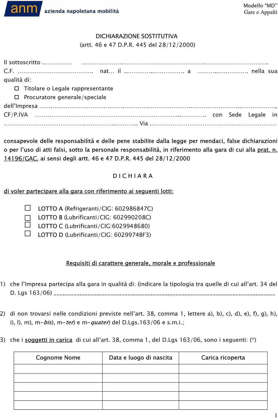 consapevole delle responsabilità e delle pene stabilite dalla legge per mendaci, false dichiarazioni o per l uso di atti falsi, sotto la personale responsabilità, in riferimento alla gara di cui alla