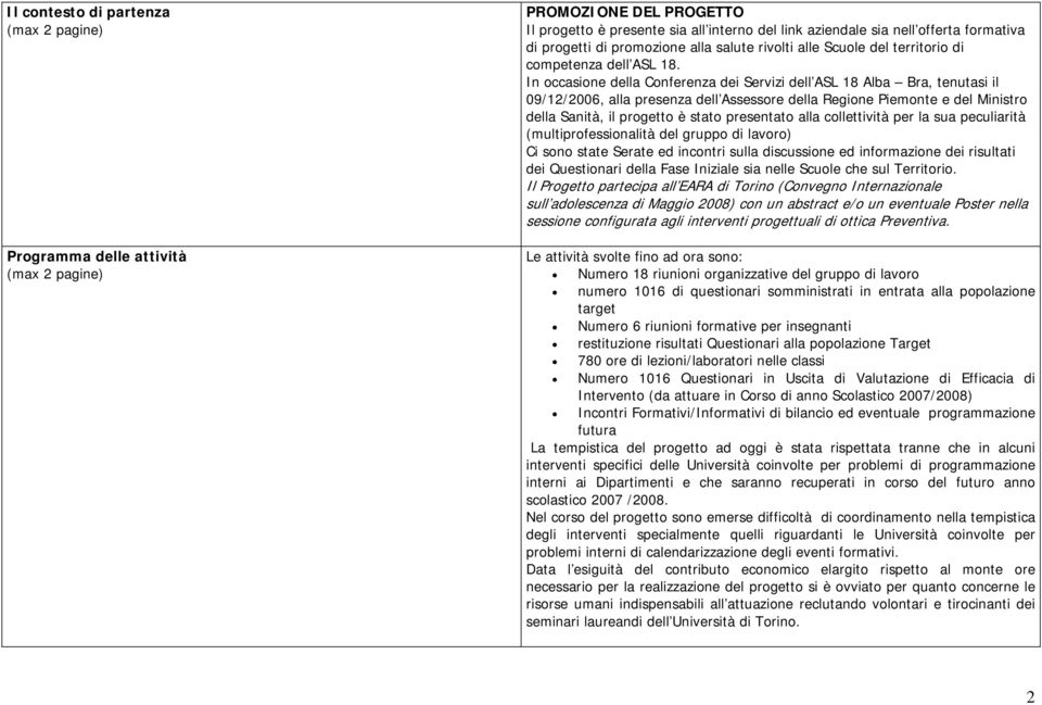 In occasione della Conferenza dei Servizi dell ASL 18 Alba Bra, tenutasi il 09/12/2006, alla presenza dell Assessore della Regione Piemonte e del Ministro della Sanità, il progetto è stato presentato