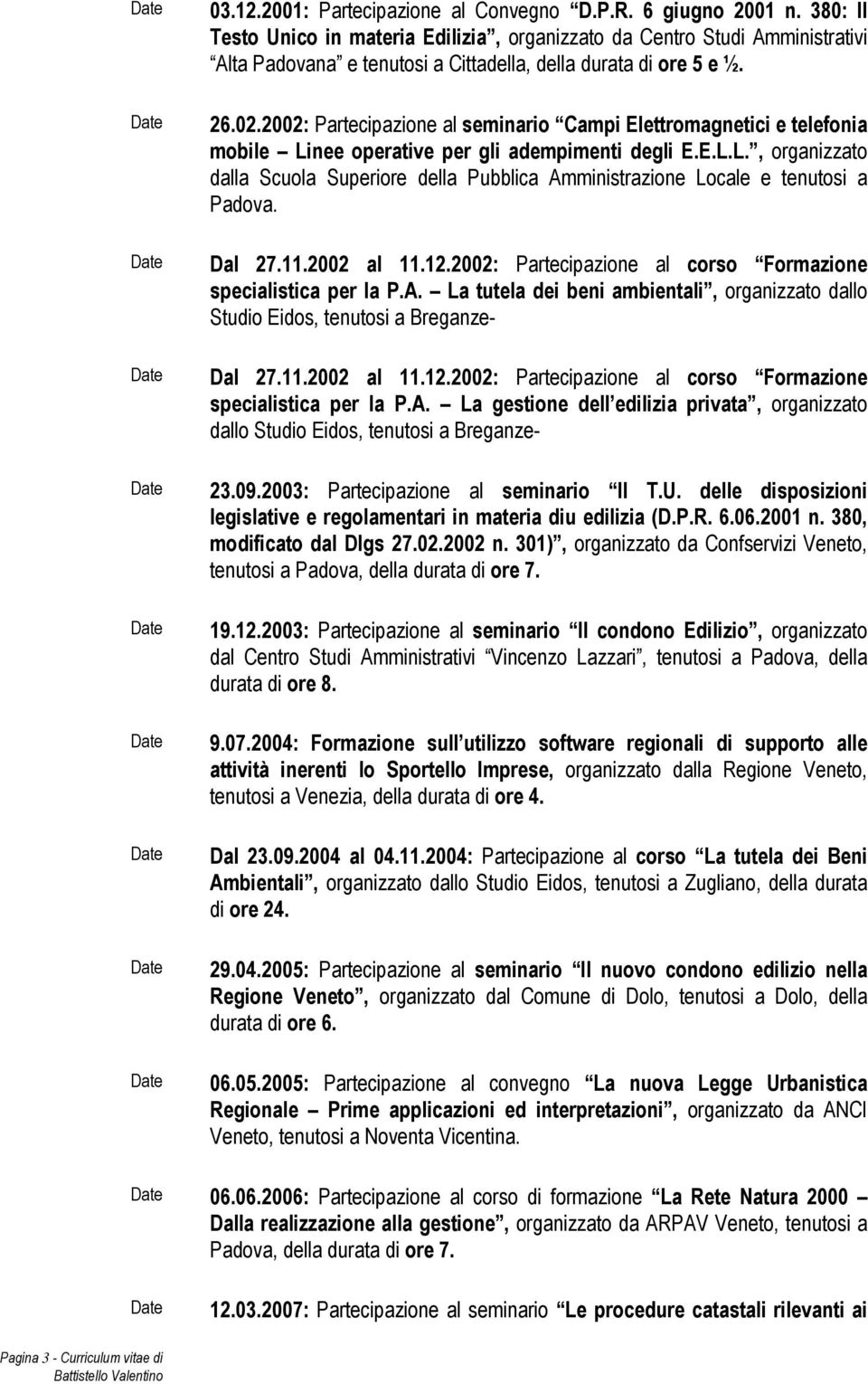 2002: Partecipazione al seminario Campi Elettromagnetici e telefonia mobile Linee operative per gli adempimenti degli E.E.L.L., organizzato dalla Scuola Superiore della Pubblica Amministrazione Locale e tenutosi a Padova.