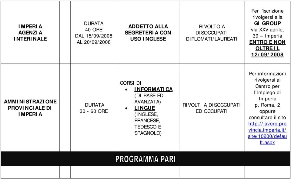 ORE CORSI DI INFORMATICA (DI BASE ED AVANZATA) LINGUE (INGLESE, FRANCESE, TEDESCO E SPAGNOLO) RIVOLTI A DISOCCUPATI ED OCCUPATI Per