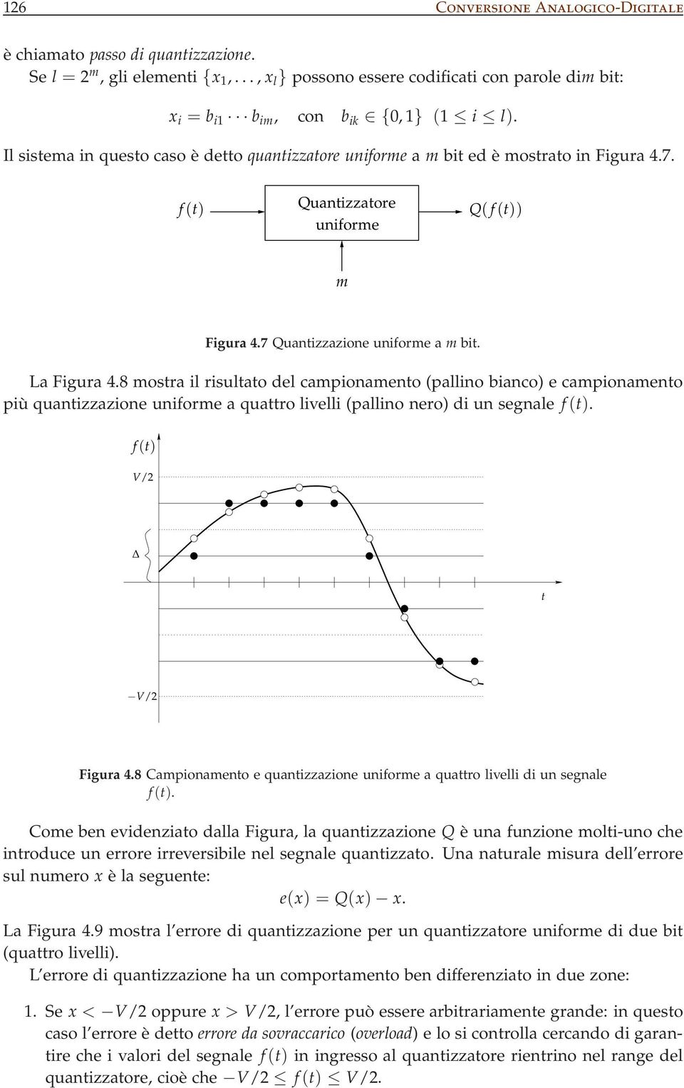 8 mosra il risulao del campionameno (pallino bianco) e campionameno più quanizzazione uniforme a quaro livelli (pallino nero) di un segnale. V/2 V/2 Figura 4.