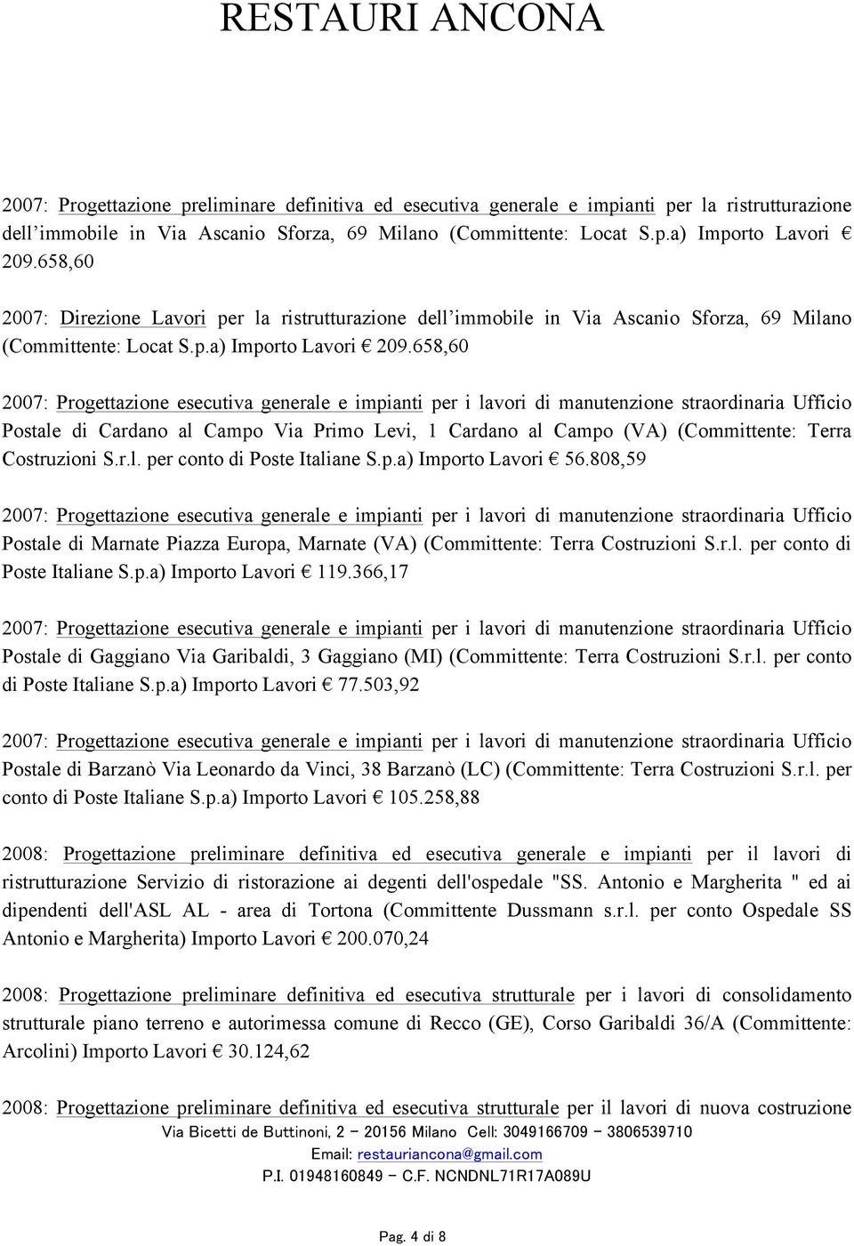 658,60 2007: Progettazione esecutiva generale e impianti per i lavori di manutenzione straordinaria Ufficio Postale di Cardano al Campo Via Primo Levi, 1 Cardano al Campo (VA) (Committente: Terra