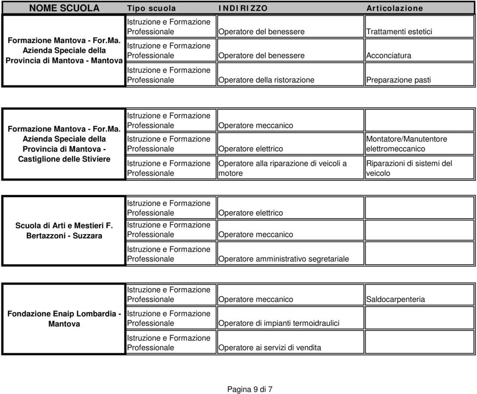 pasti  Azienda Speciale della Provincia di - Castiglione delle Stiviere Operatore meccanico Operatore elettrico Montatore/Manutentore elettromeccanico Riparazioni di