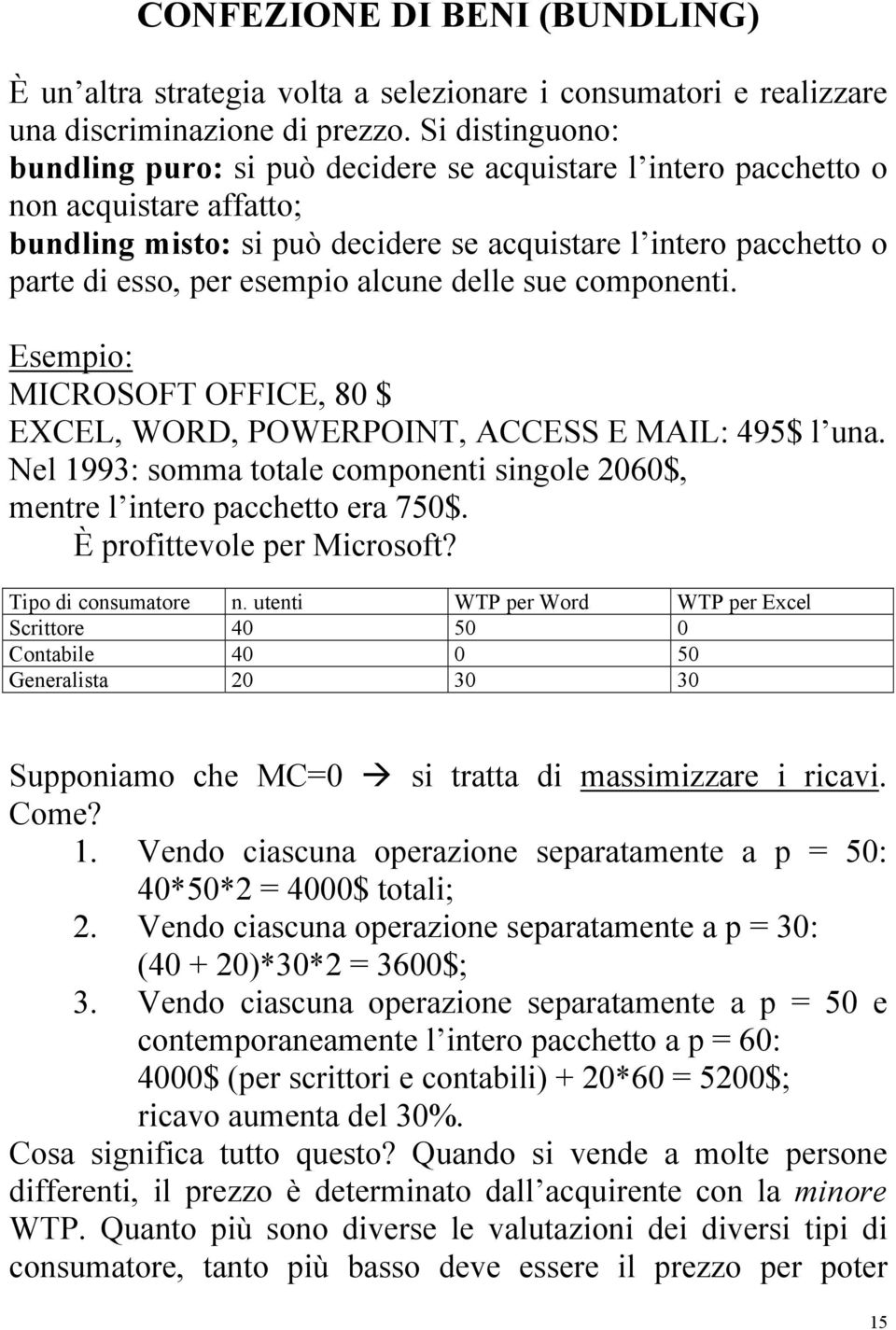 alcune delle sue componenti. Esempio: MICROSOFT OFFICE, 80 $ EXCEL, WORD, POWERPOINT, ACCESS E MAIL: 495$ l una. Nel 1993: somma totale componenti singole 2060$, mentre l intero pacchetto era 750$.