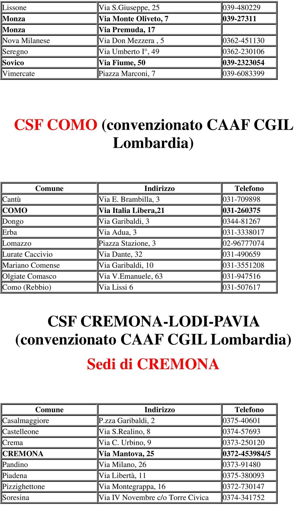 Vimercate Piazza Marconi, 7 039-6083399 CSF COMO (convenzionato CAAF CGIL Lombardia) Cantù Via E.