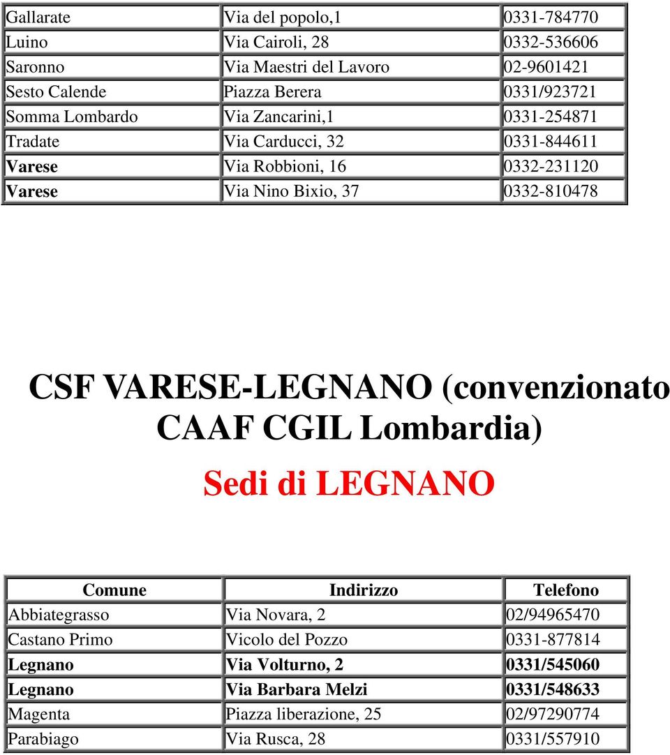 Bixio, 37 0332-810478 CSF VARESE-LEGNANO (convenzionato Sedi di LEGNANO Abbiategrasso Via Novara, 2 02/94965470 Castano Primo Vicolo del Pozzo