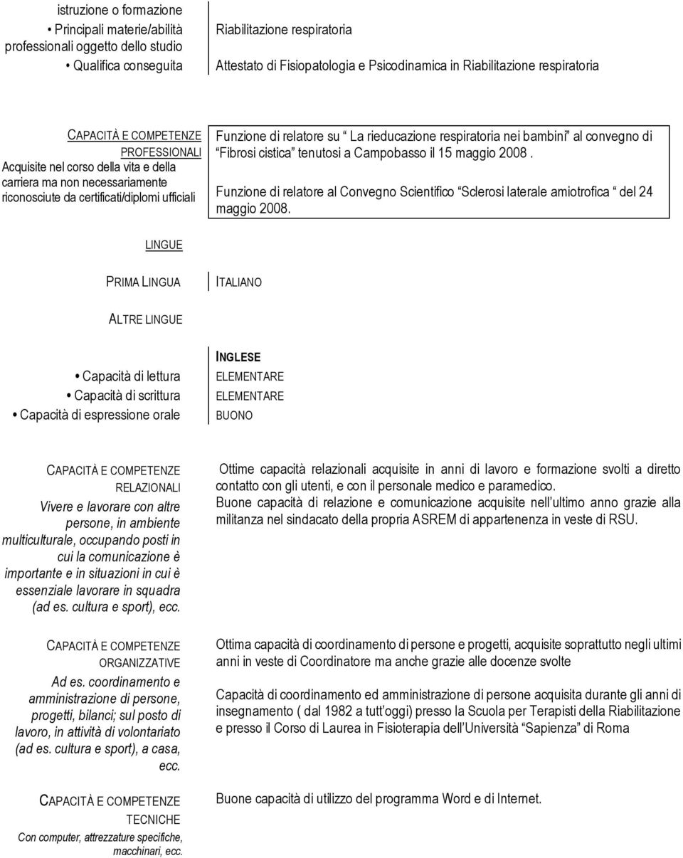 Funzione di relatore al Convegno Scientifico Sclerosi laterale amiotrofica del 24 maggio 2008.