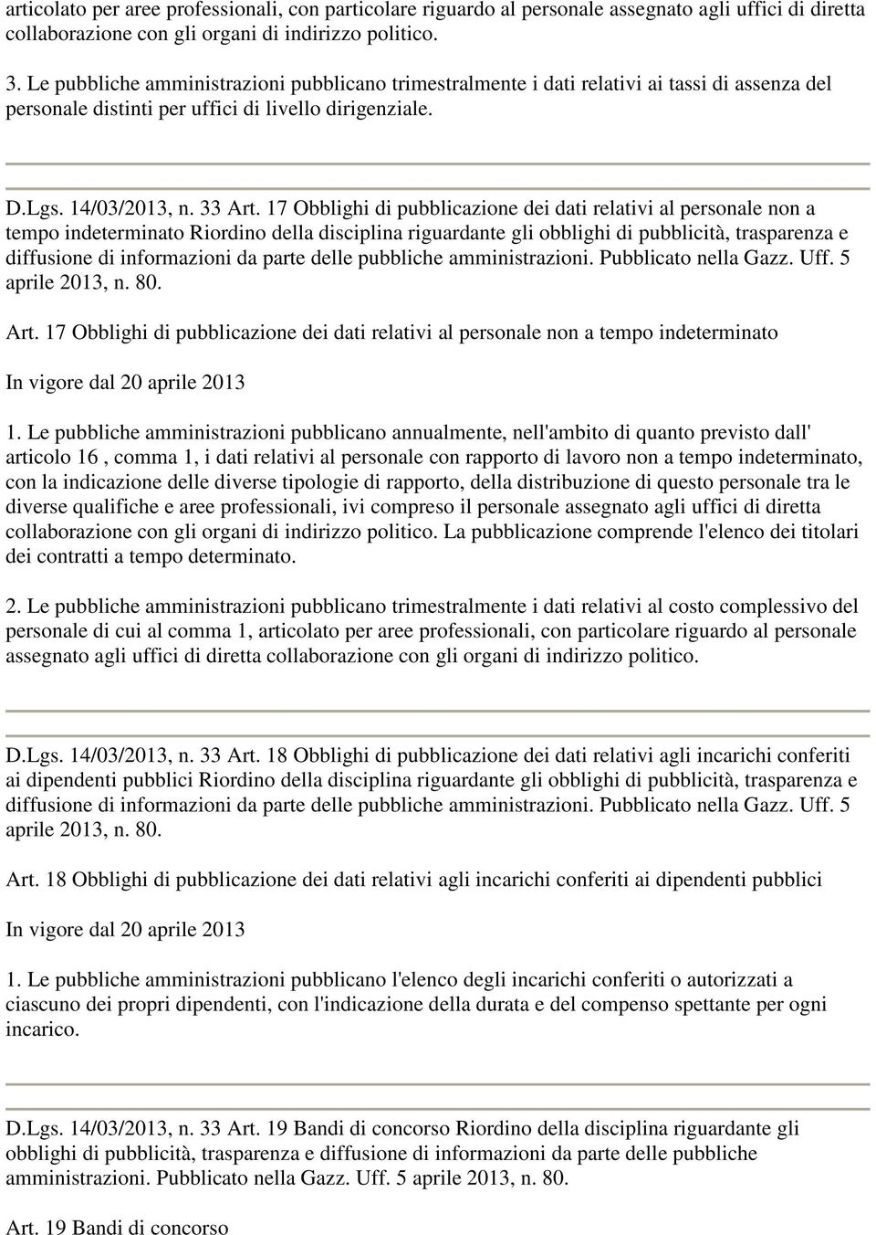 17 Obblighi di pubblicazione dei dati relativi al personale non a tempo indeterminato Riordino della disciplina riguardante gli obblighi di pubblicità, trasparenza e diffusione di informazioni da