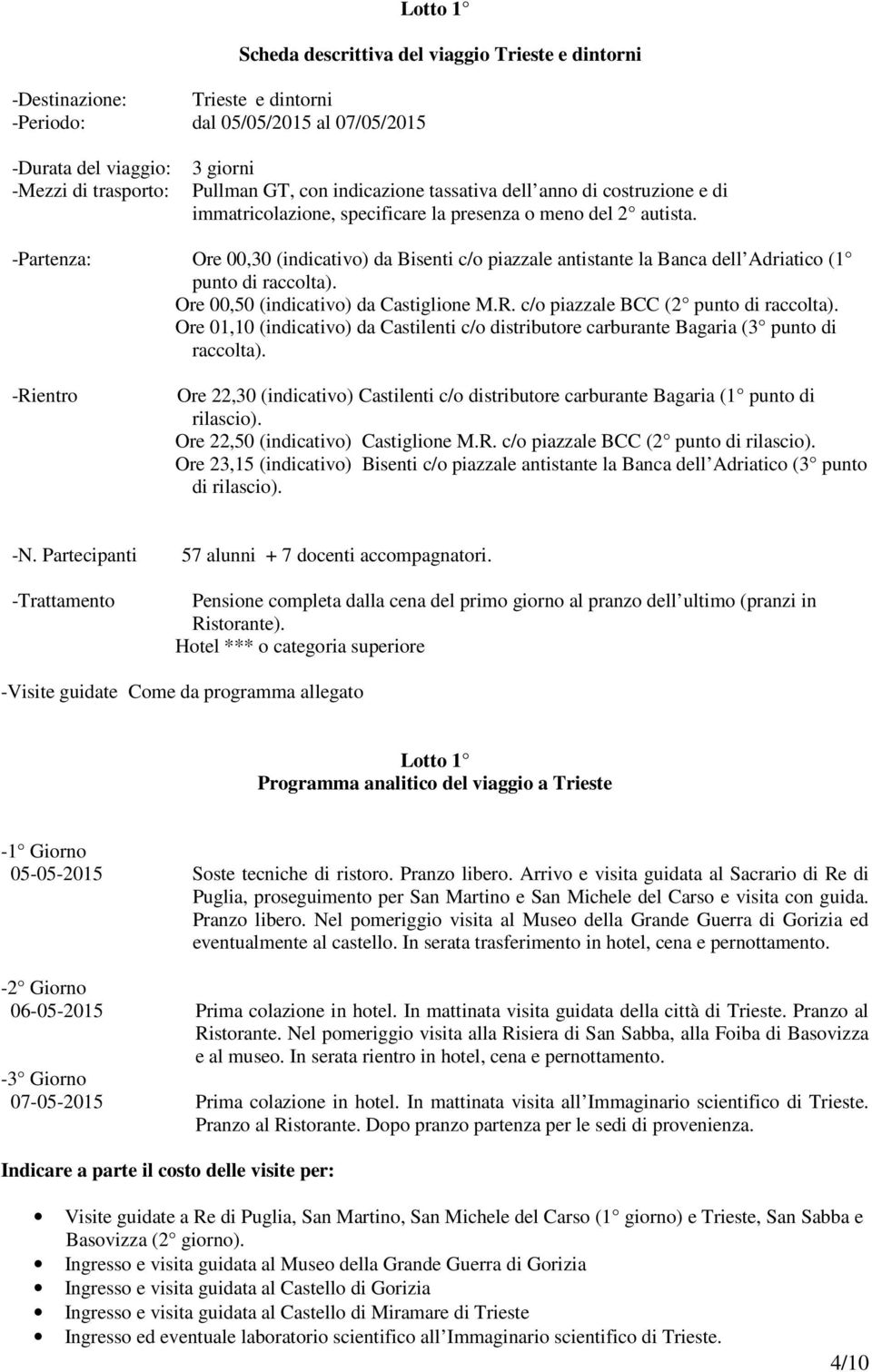 -Partenza: Ore 00,30 (indicativo) da Bisenti c/o piazzale antistante la Banca dell Adriatico (1 punto di raccolta). Ore 00,50 (indicativo) da Castiglione M.R. c/o piazzale BCC (2 punto di raccolta).