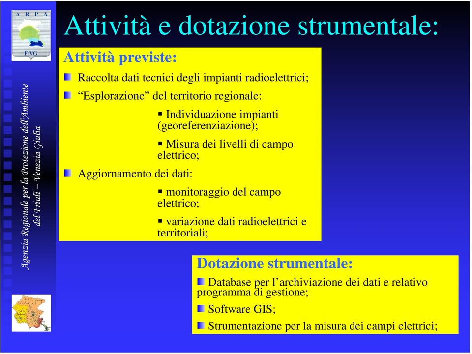 elettrico; monitoraggio del campo elettrico; variazione dati radioelettrici e territoriali; Dotazione strumentale: Database