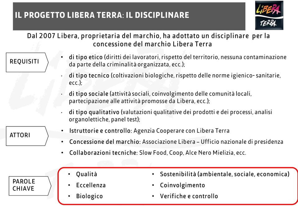 ); di tipo sociale (attività sociali, coinvolgimento delle comunità locali, partecipazione alle attività promosse da Libera, ecc.