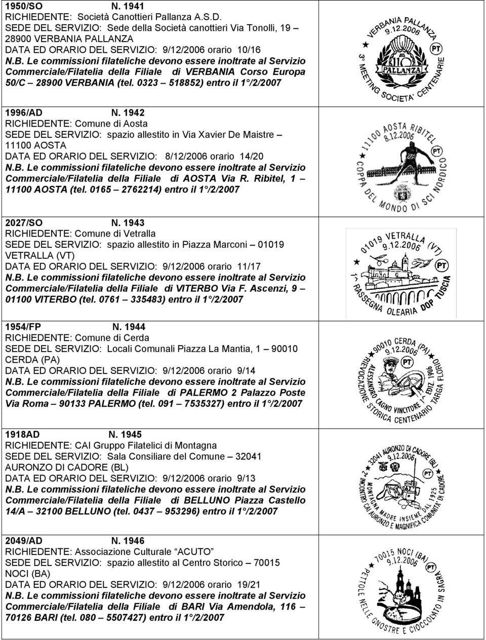 SEDE DEL SERVIZIO: Sede della Società canottieri Via Tonolli, 19 28900 VERBANIA PALLANZA DATA ED ORARIO DEL SERVIZIO: 9/12/2006 orario 10/16 Commerciale/Filatelia della Filiale di VERBANIA Corso