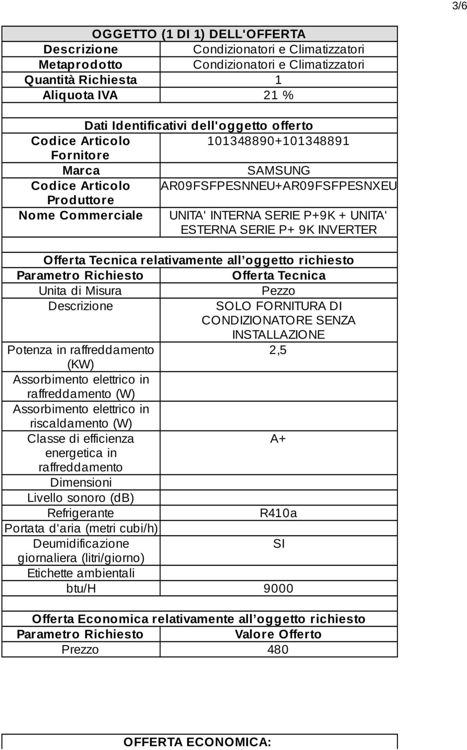 INVERTER Offerta Tecnica relativamente all oggetto richiesto Parametro Richiesto Offerta Tecnica Unita di Misura Pezzo Descrizione SOLO FORNITURA DI CONDIZIONATORE SENZA INSTALLAZIONE Potenza in