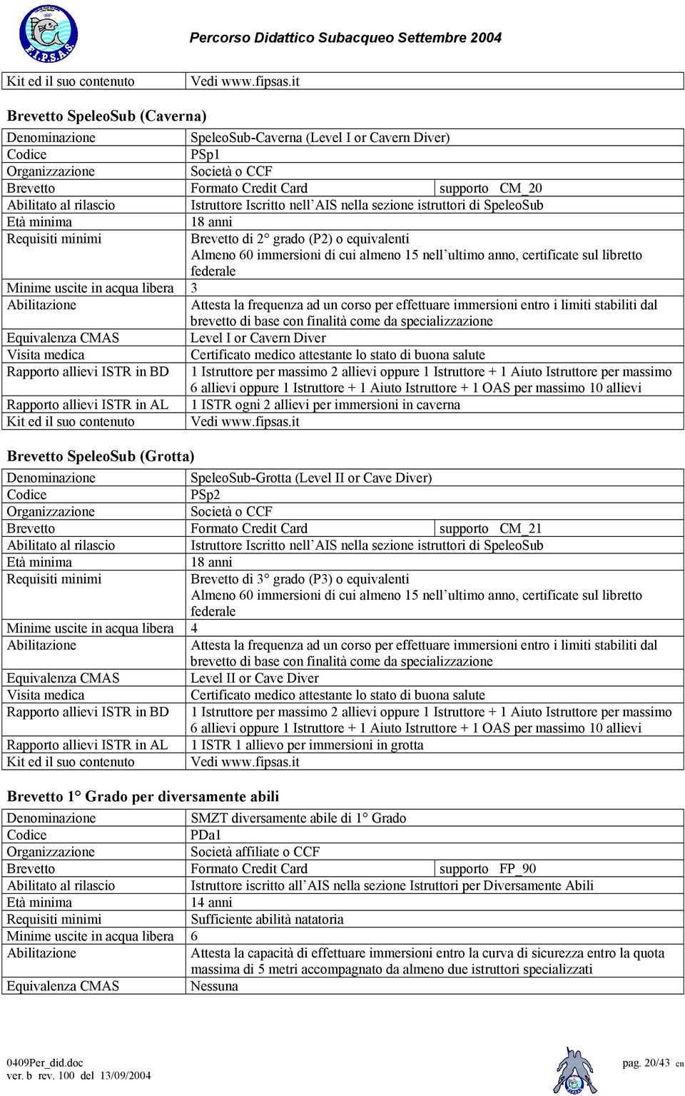 SpeleoSub 18 anni Brevetto di 2 grado (P2) o equivalenti Almeno 60 immersioni di cui almeno 15 nell ultimo anno, certificate sul libretto federale Minime uscite in acqua libera 3 Attesta la frequenza