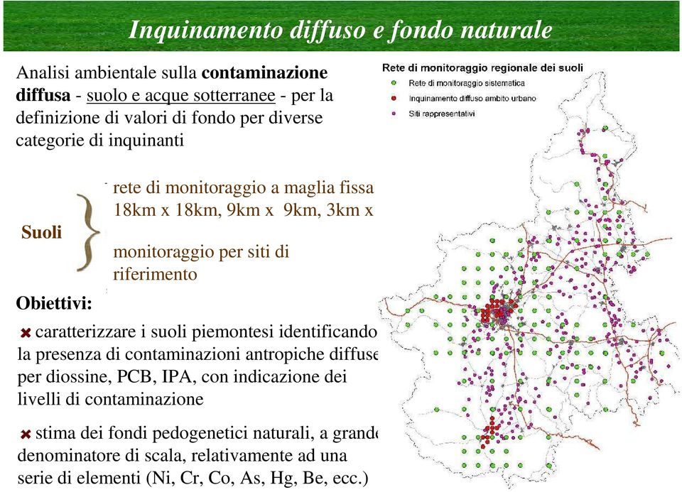 riferimento caratterizzare i suoli piemontesi identificando la presenza di contaminazioni antropiche diffuse per diossine, PCB, IPA, con indicazione dei