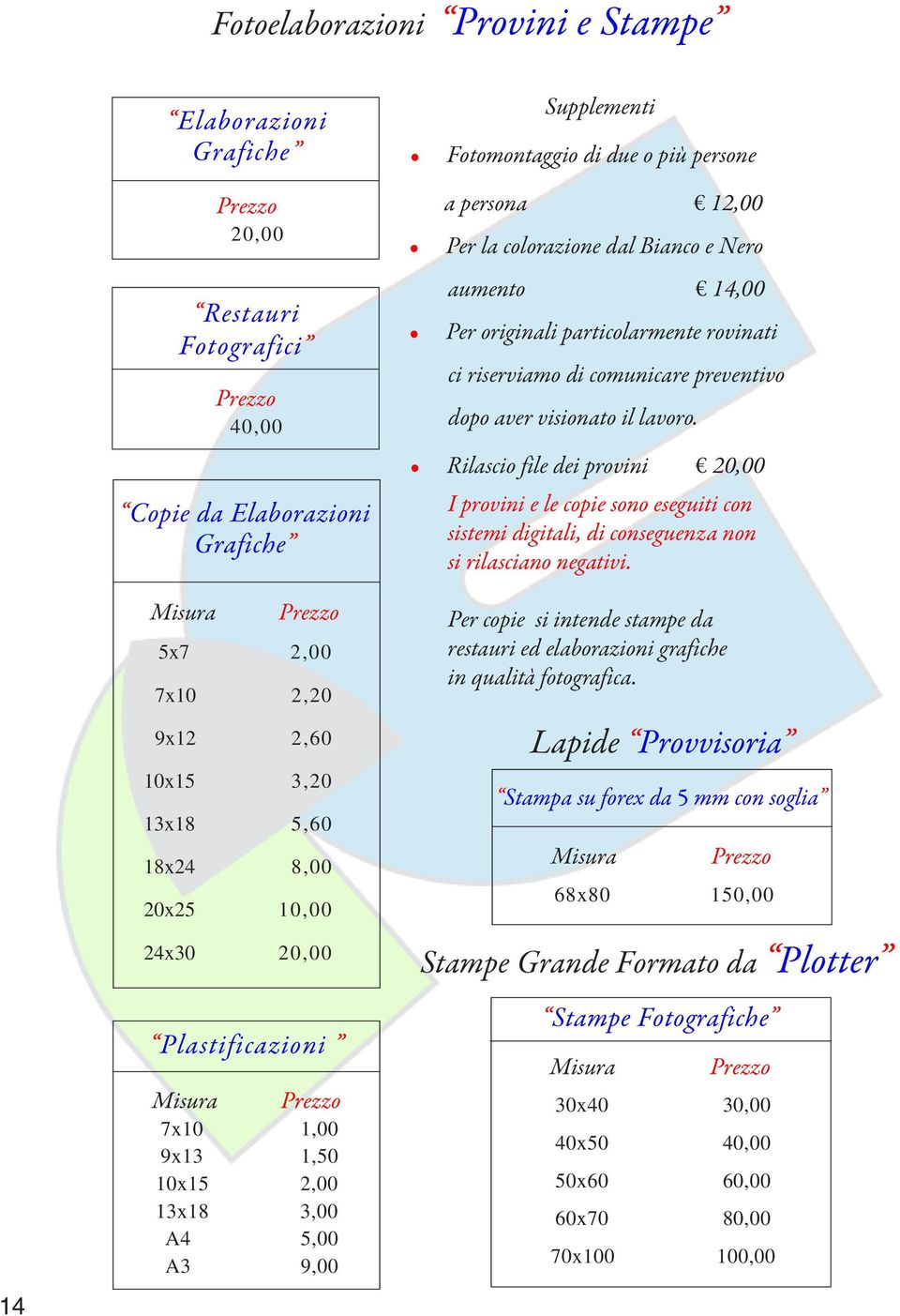 Rilascio file dei provini 20,00 I provini e le copie sono eseguiti con sistemi digitali, di conseguenza non si rilasciano negativi.