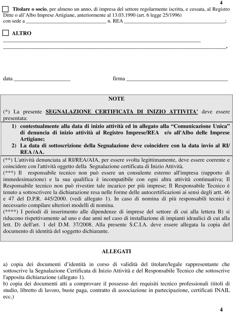 data firma NOTE (*) La presente SEGNALAZIONE CERTIFICATA DI INIZIO ATTIVITA' deve essere presentata: 1) contestualmente alla data di inizio attività ed in allegato alla Comunicazione Unica di