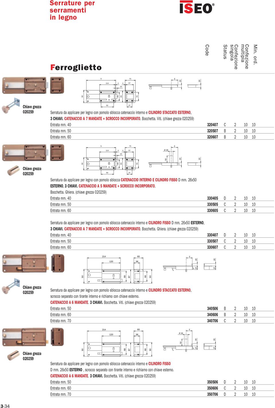 60 3607 B 2 33,45 S E 1 4 4 Ø 90 3 Serratura da applicare per legno con pomolo sblocca CATENACCIO INTERNO E CILINDRO FISSO D mm. x ESTERNO, 3 CHIAVI. CATENACCIO A 5 MANDATE + SCROCCO INCORPORATO.