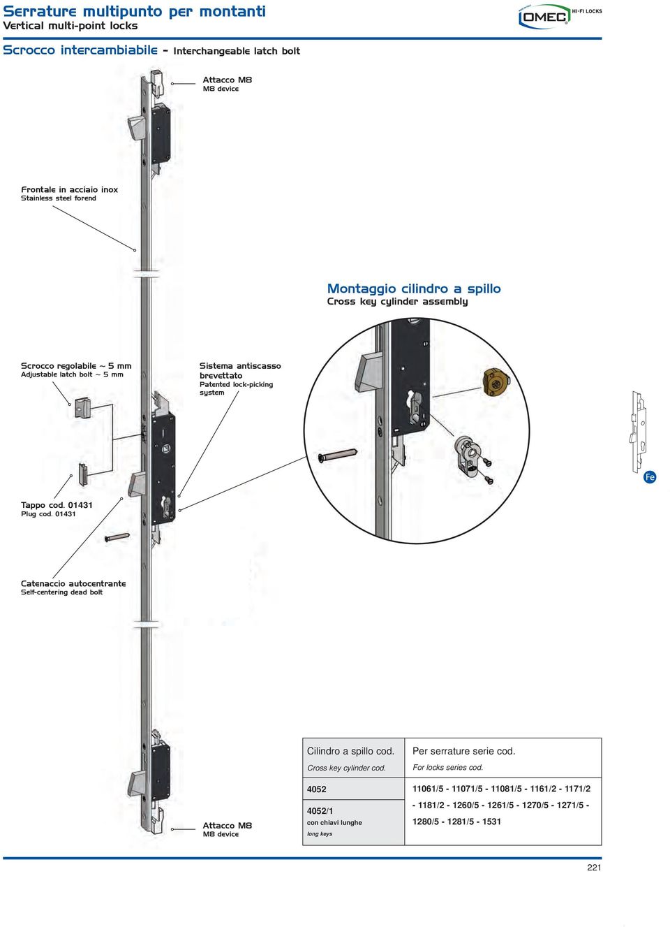 lock-picking system Tappo cod. 01431 Plug cod. 01431 Catenaccio autocentrante Self-centering dead bolt Attacco M8 M8 device Cilindro a spillo cod. Cross key cylinder cod.