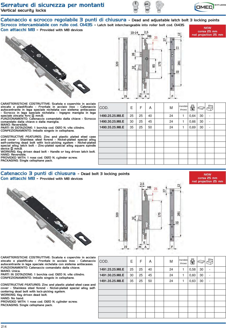 01435 zincato e plastificato - Frontale in acciaio inox - Catenaccio autocentrante in lega speciale nichelata con sistema antiscasso - Scrocco in lega speciale nichelata - Ingegno maniglia in lega