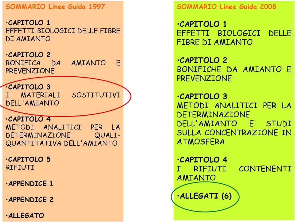 APPENDICE 2 SOMMARIO Linee Guida 2008 CAPITOLO 1 EFFETTI BIOLOGICI DELLE FIBRE DI AMIANTO CAPITOLO 2 BONIFICHE DA AMIANTO E PREVENZIONE CAPITOLO 3