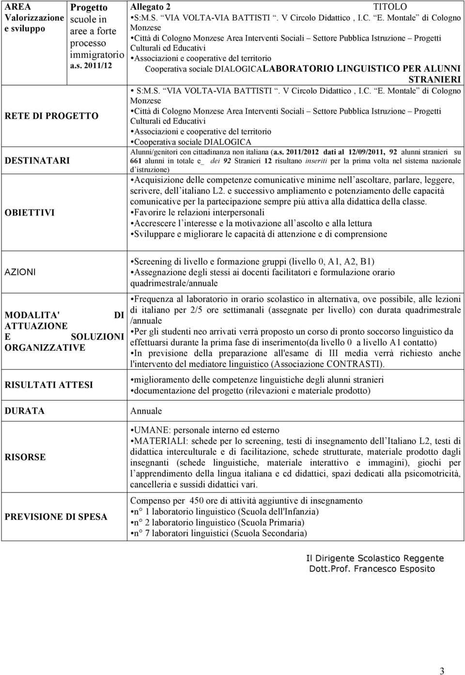 V Circolo Didattico, I.C. E. Montale di Cologno Città di Cologno Area Interventi Sociali Settore Pubblica Ist