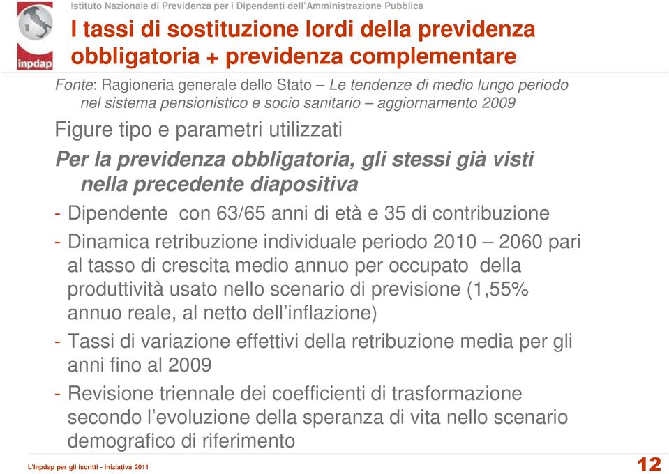 contribuzione - Dinamica retribuzione individuale periodo 2010 2060 pari al tasso di crescita medio annuo per occupato della produttività usato nello scenario di previsione (1,55% annuo reale, al