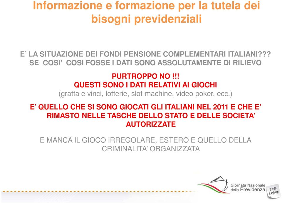 !! QUESTI SONO I DATI RELATIVI AI GIOCHI (gratta e vinci, lotterie, slot-machine, video poker, ecc.