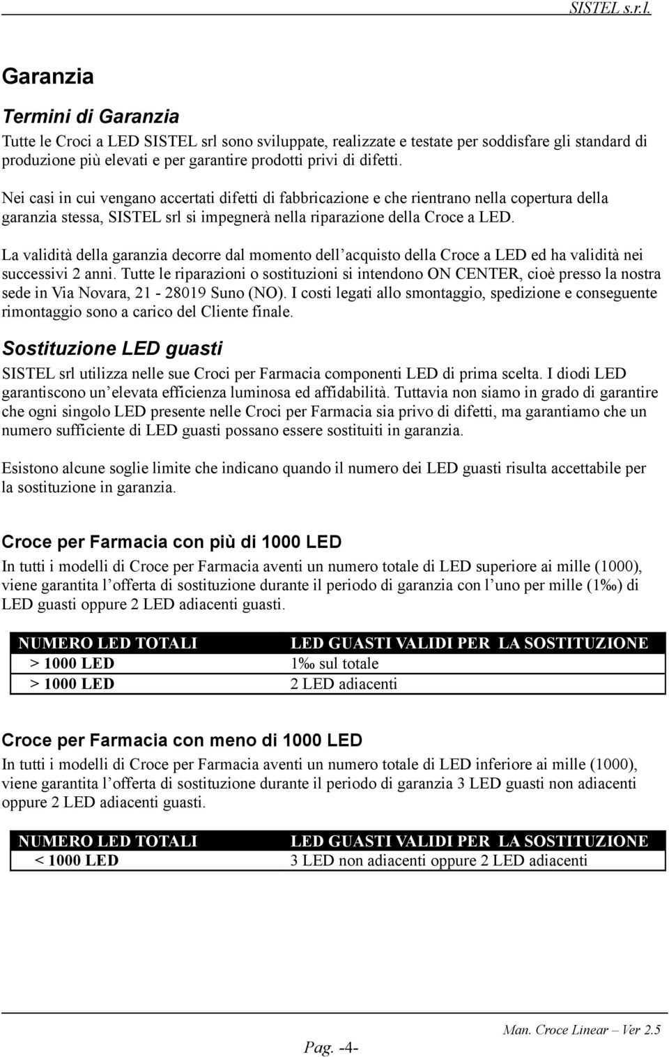 La validità della garanzia decorre dal momento dell acquisto della Croce a LED ed ha validità nei successivi 2 anni.