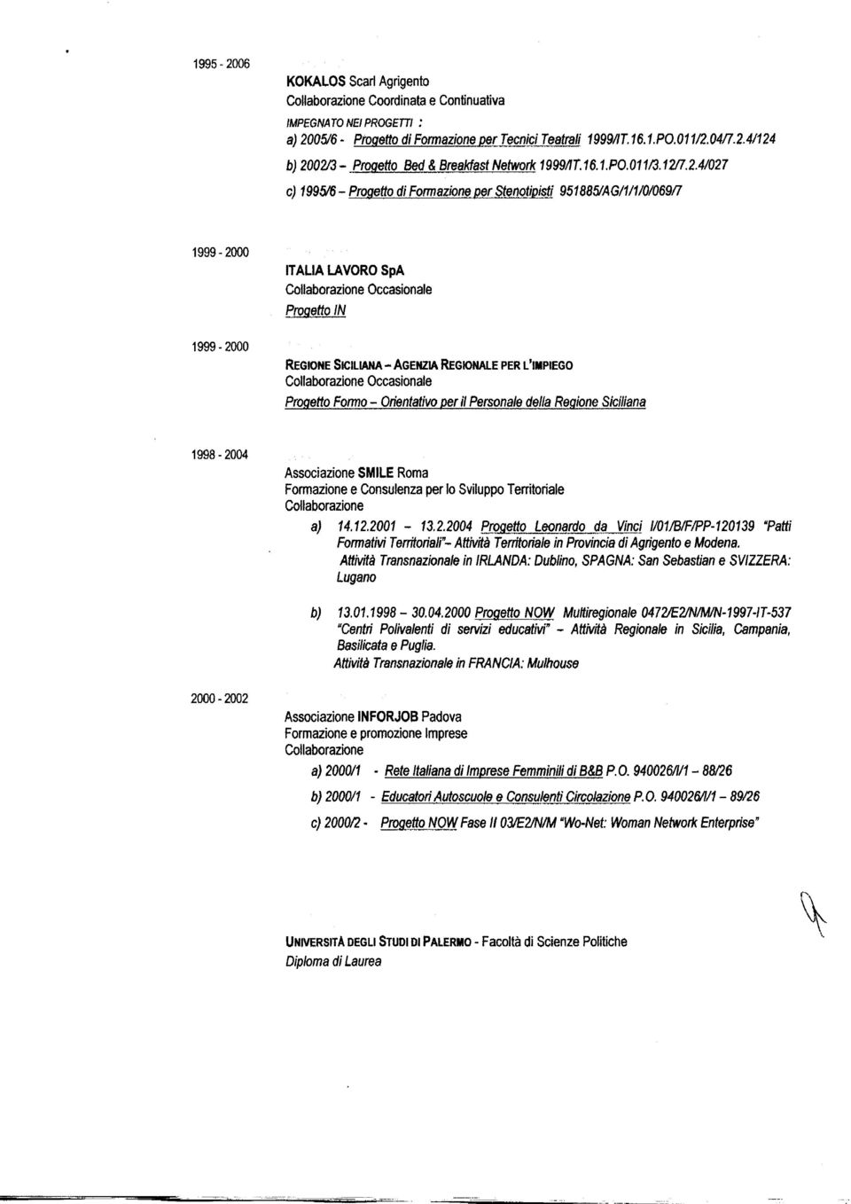 4/027 c) 199516 - Progetto di Formazione per Stenatipisti 951885/AG/1/1/0/069fl 1999-2000 1999-2000 ITALIA LAVORO SpA Collaborazione Occasionale Progetto IN REGIONE SICILIANA - AGENZIA REGIONALE PER