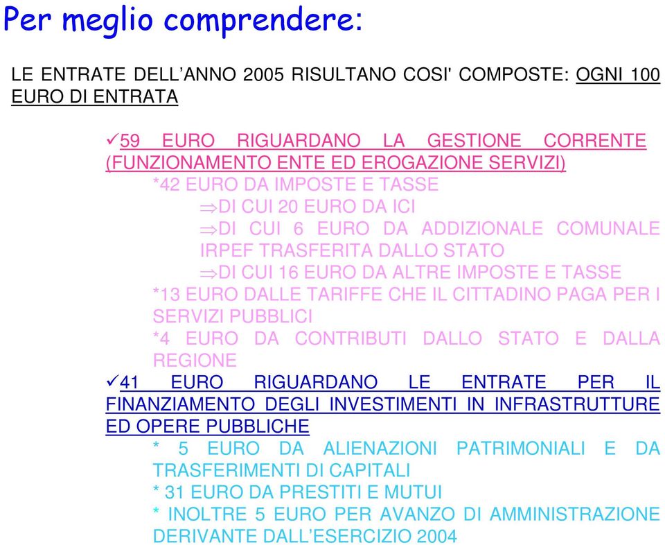 IL CITTADINO PAGA PER I SERVIZI PUBBLICI *4 EURO DA CONTRIBUTI DALLO STATO E DALLA REGIONE 41 EURO RIGUARDANO LE ENTRATE PER IL FINANZIAMENTO DEGLI INVESTIMENTI IN INFRASTRUTTURE ED