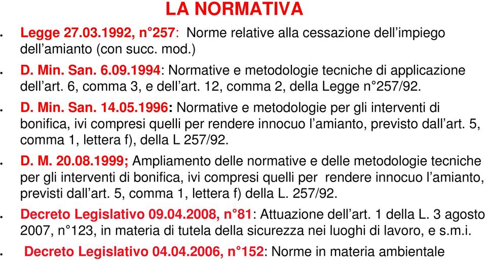 1996: Normative e metodologie per gli interventi di bonifica, ivi compresi quelli per rendere innocuo l amianto, previsto dall art. 5, comma 1, lettera f), della L 257/92. D. M. 20.08.