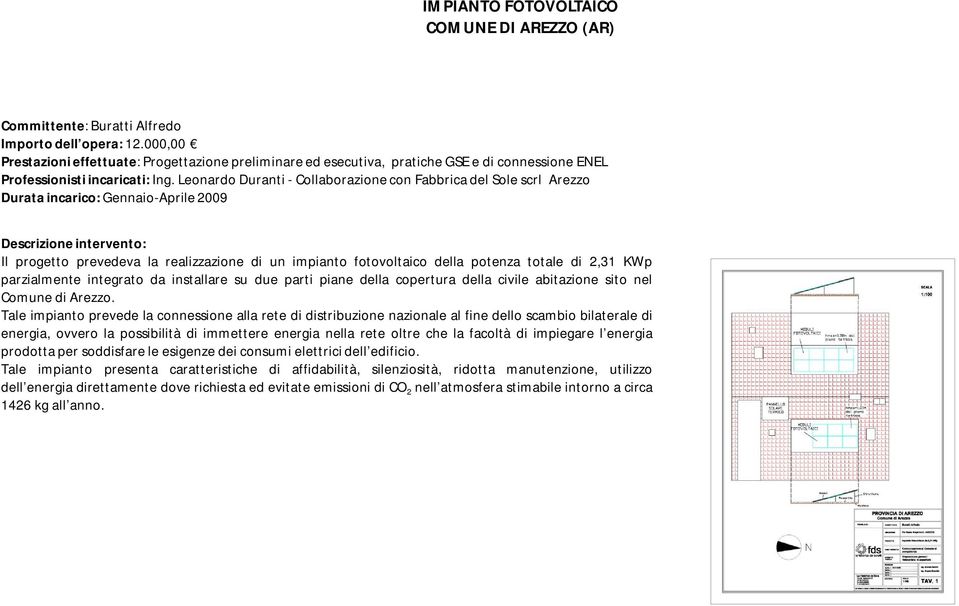 Leonardo Duranti - Collaborazione con Fabbrica del Sole scrl Arezzo Durata incarico: Gennaio-Aprile 2009 Il progetto prevedeva la realizzazione di un impianto fotovoltaico della potenza totale di