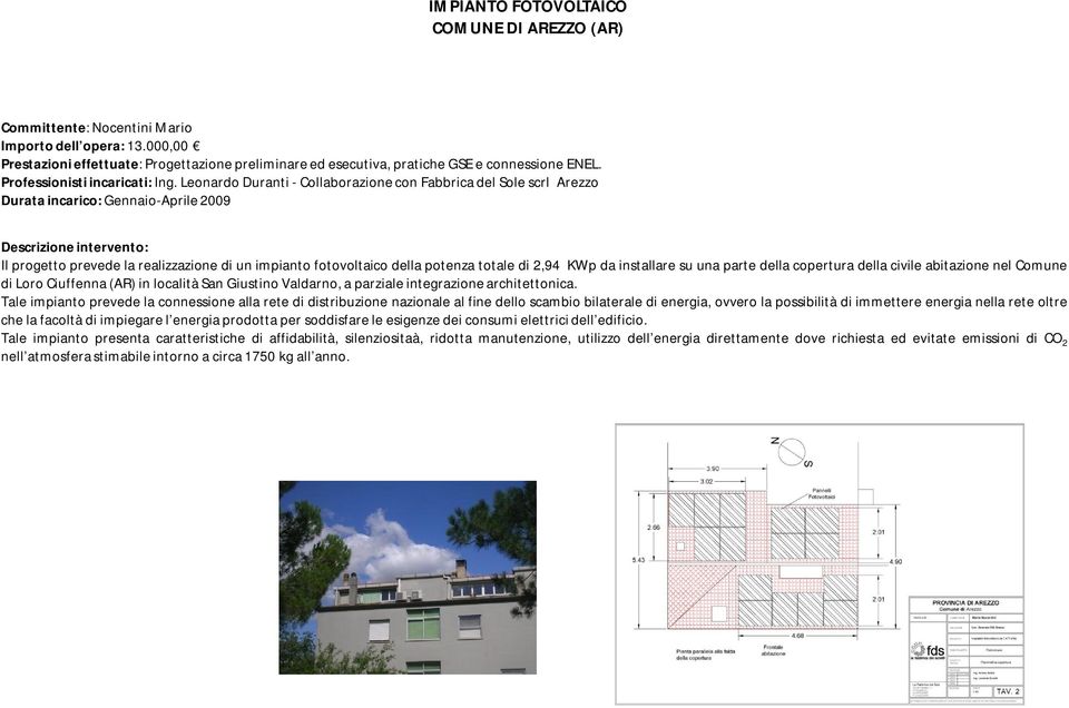 Leonardo Duranti - Collaborazione con Fabbrica del Sole scrl Arezzo Durata incarico: Gennaio-Aprile 2009 Il progetto prevede la realizzazione di un impianto fotovoltaico della potenza totale di 2,94