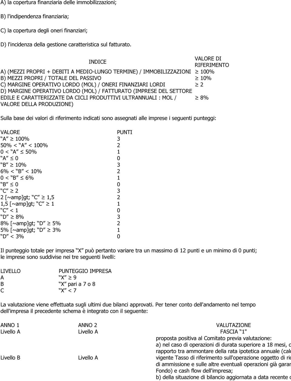 LORDI 2 D) MARGINE OPERATIVO LORDO (MOL) / FATTURATO (IMPRESE DEL SETTORE EDILE E CARATTERIZZATE DA CICLI PRODUTTIVI ULTRANNUALI : MOL / VALORE DELLA PRODUZIONE) 8% Sulla base dei valori di