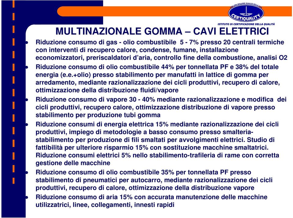 manufatti in lattice di gomma per arredamento, mediante razionalizzazione dei cicli produttivi, recupero di calore, ottimizzazione della distribuzione fluidi/vapore Riduzione consumo di vapore 30-40%