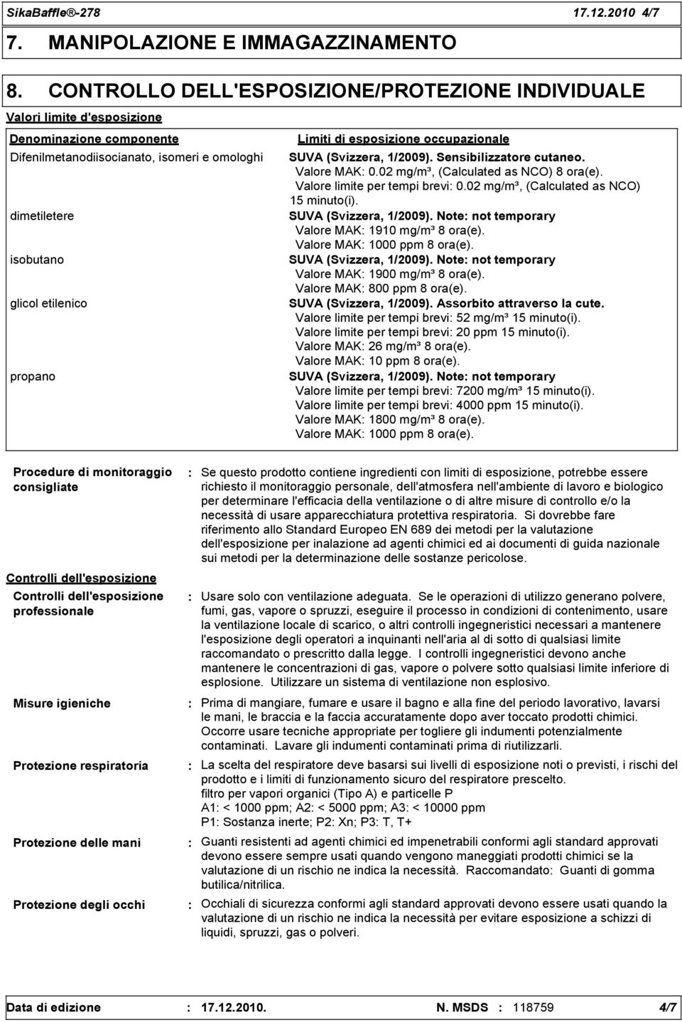 Limiti di esposizione occupazionale SUVA (Svizzera, 1/2009). Sensibilizzatore cutaneo. Valore MAK 0.02 mg/m³, (Calculated as NCO) 8 ora(e). Valore limite per tempi brevi 0.