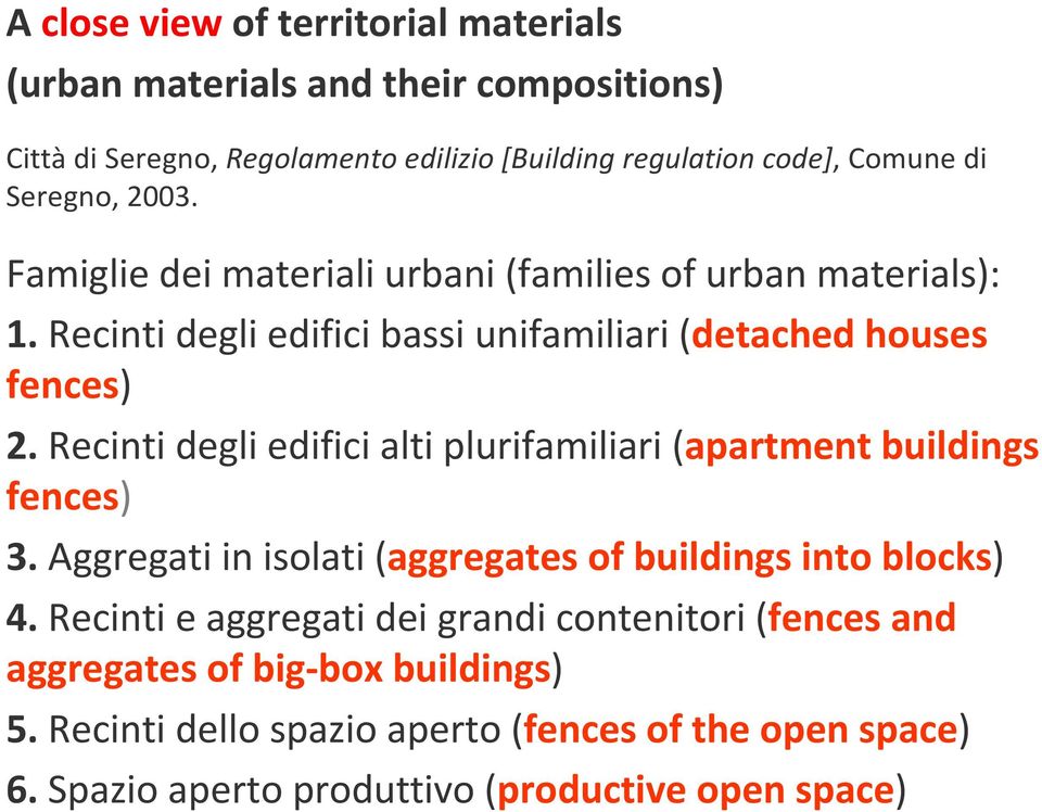 Recinti degli edifici alti plurifamiliari (apartment buildings fences) 3. Aggregati in isolati (aggregates of buildings into blocks) 4.